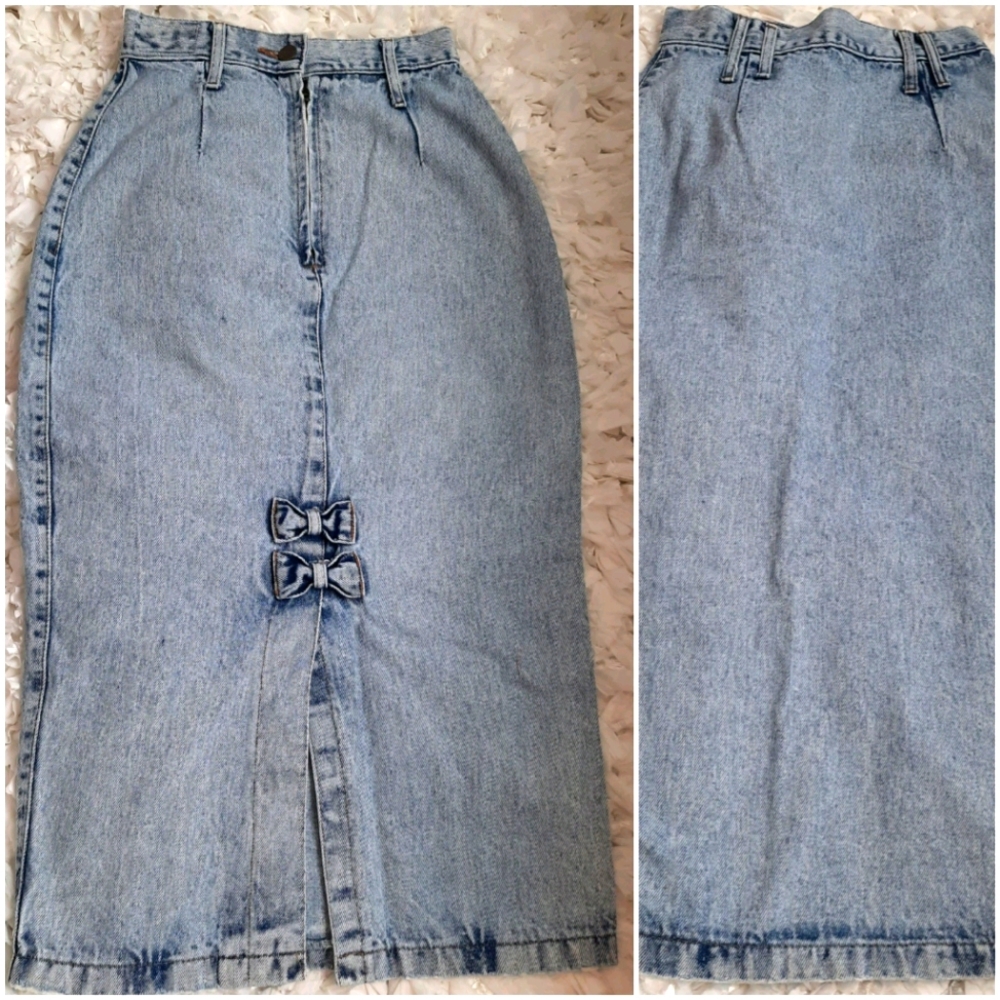 Vintage Denim Skirt High Waist Acid Wash Midi XS/S